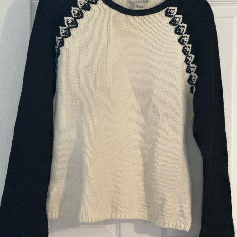 LOFT Black and Cream Crew Neck Sweater